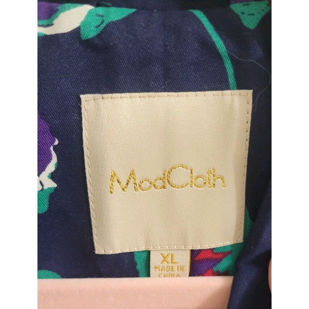 ModCloth Retro Delightful Directions Floral Trench Coat XL Cotton Belted Navy - Picture 2 of 10